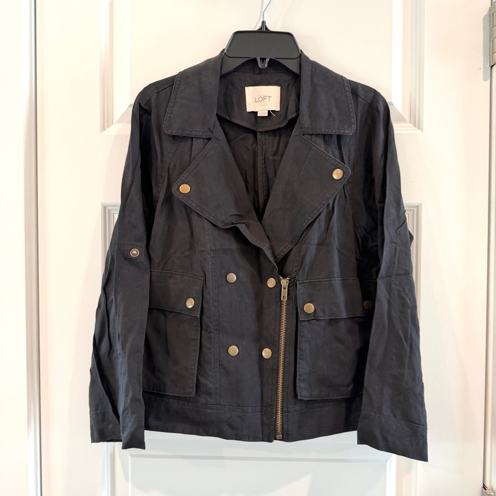 Loft Women’s 100% Lyocell Black Utility Jacket Zipper with Buttons sz XS